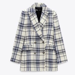 NWT Zara blue & white plaid double-breasted blazer Size S